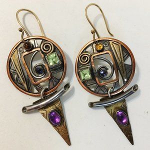 Peridot Amethyst Earrings Unique Mixed Metal Handcrafted Pierced Dangle New Gift